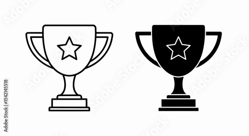 This high-quality vector image features two minimalist trophy icons: a black outline and a solid black silhouette, both with a star inside, two handles, and a rectangular base, all with fine details.