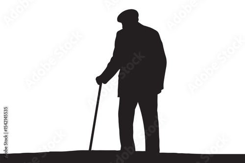 Silhouette of an elderly person with a cane, evoking a sense of reflection and quiet strength in minimalist design.