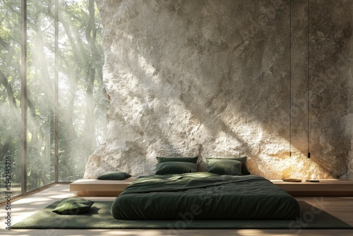 A serene, minimalist bedroom nestled within a natural stone wall, bathed in sunlight filtering through a forest