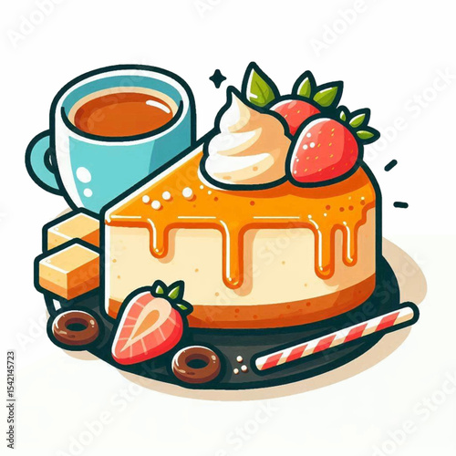 Cartoonstyle depiction of caramel cheesecake with strawberries next to a coffee cup candies and a stick on a plate