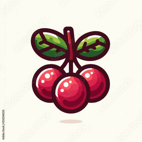 Cartoonstyle illustration of three shiny red cherries with leaves