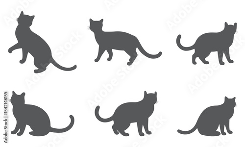Set of silhouette cats in different poses. Isolated black cat on white background. Vector illustration of elements for design decoration.