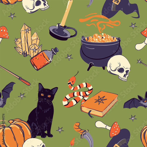 Seamless pattern with magic items, witchcraft goods, cauldron, potion, skull, magic knife and crymoire, pumpkin. Sorcerer's familiars black cat, snake, bat. Vector illustration for Halloween.