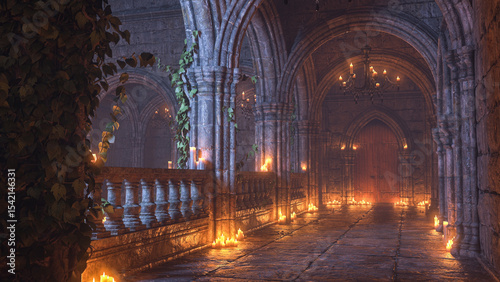 Medieval gothic castle hallway lit by burning candles. 3D render.