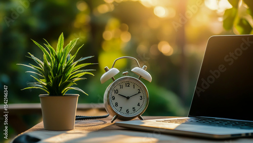 A picture of an alarm clock and a laptop placed on a wooden table, with warm sunlight gently streaming in through the window, creating a cozy morning atmosphere.
