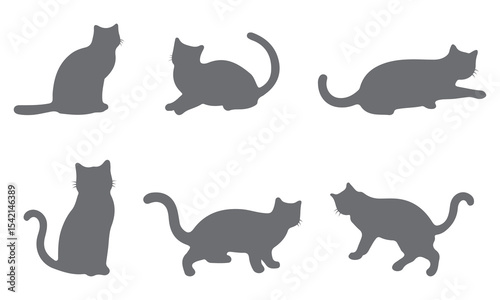 Cat Silhouettes Vector Illustration, perfect for Halloween, cat lovers. Features various cat poses, paw prints. Ideal for pet, animal, feline, domestic, house cat themes