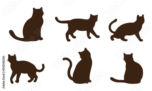 Cat Silhouettes Vector Illustration, perfect for Halloween, cat lovers. Features various cat poses, paw prints. Ideal for pet, animal, feline, domestic, house cat themes
