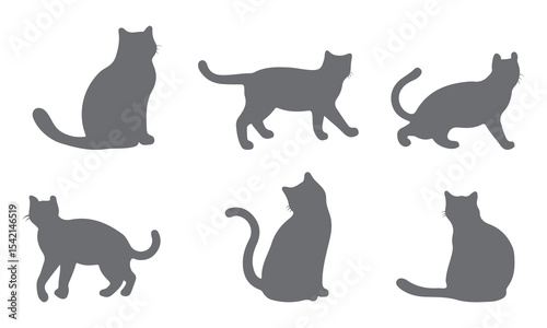 Cat Silhouettes Vector Illustration, perfect for Halloween, cat lovers. Features various cat poses, paw prints. Ideal for pet, animal, feline, domestic, house cat themes
