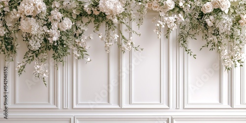 Vintage Wedding Backdrop with White Decorative Wall Panels and Cream Floral Arrangement – Symmetrical Composition with Soft Background