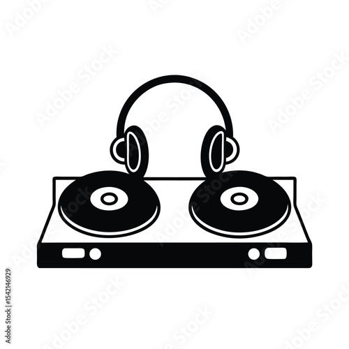 Dj music mixer deck silhouette with headphones draped over banner advertisement design