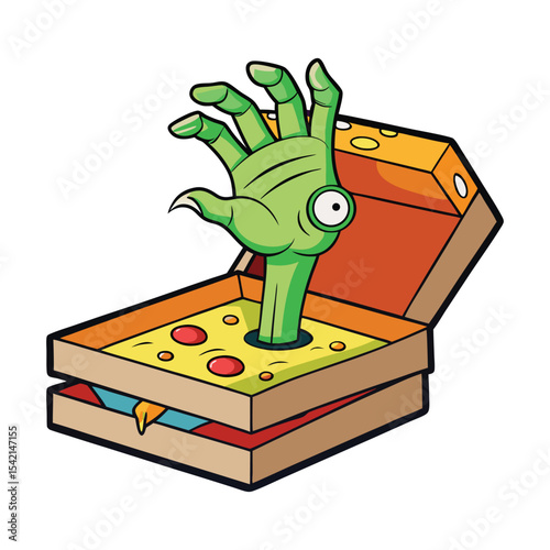 Cartoon Zombie Hand Pizza: Undead Limb Emerging from Takeout Box, Isolated on White Background, Vector Illustration for Halloween Designs