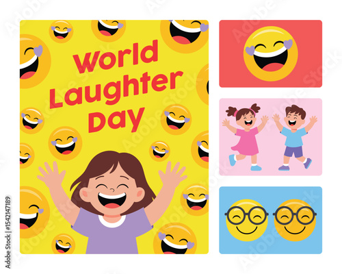 Happy Girl Child Laughing Emojis Yellow Background World Laughter Day Social Media Post