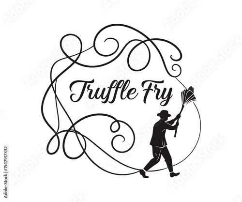 Dynamic Chef Silhouette Logo Design Truffle Fry Script Flourishes Culinary Brand for Restaurant Catering Service on Clean White Backdrop