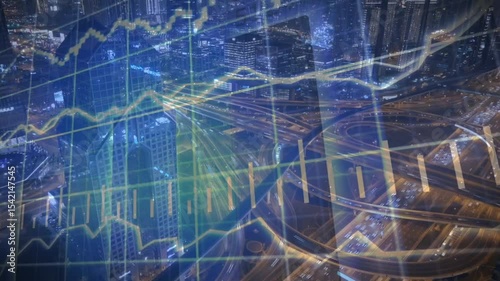 image of data processing over cityscape. global business, digital interface, connections and digital interface concept digitally generated image.
