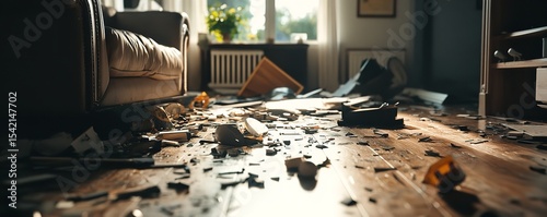 Post-Earthquake Living Room Scene with Broken Objects on Floor – Low-Angle View with Natural Lighting and Chaotic Realism in Warm Tones