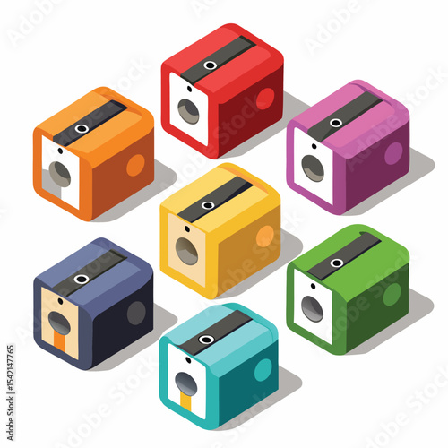 Six electric pencil sharpener arranged isolated on white background