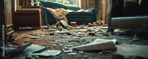 Post-Earthquake Living Room Scene with Broken Objects on Floor – Low-Angle View with Natural Lighting and Chaotic Realism in Warm Tones