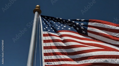 The American flag waving proudly against a clear, bright blue sky.