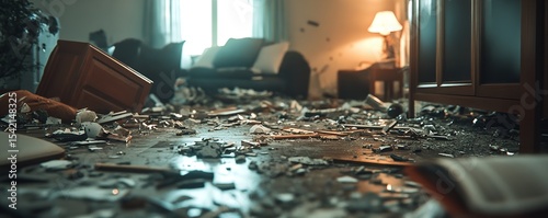 Post-Earthquake Living Room Scene with Broken Objects on Floor – Low-Angle View with Natural Lighting and Chaotic Realism in Warm Tones