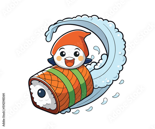 Sushi Roll Cartoon Character Riding a Wave_Fun Food Illustration_Japanese Cuisine Mascot_Cheerful Design on White_Aquatic Adventure