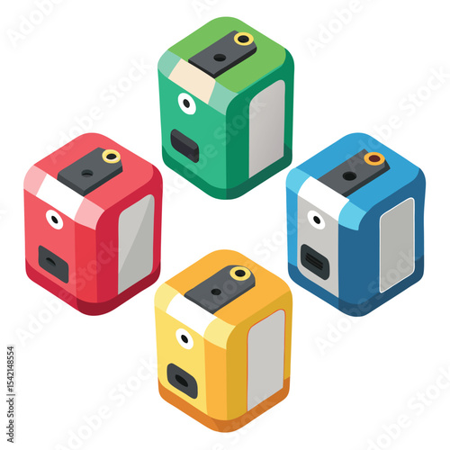 Six electric pencil sharpener arranged isolated on white background