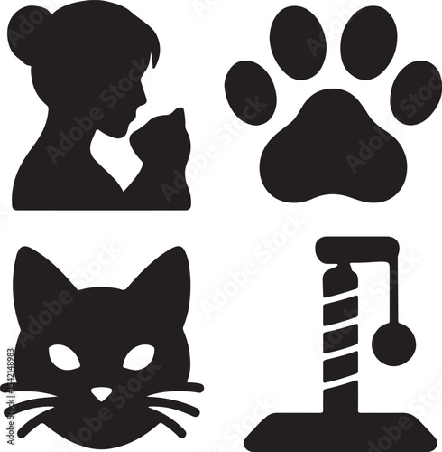 Person with Ponytail, Paw Print, Cat Face, Scratching Post – Silhouettes for Cat Behavior Branding, Feline Identity Packaging, Pet Care Decor Campaigns, and Cat Enrichment Marketing