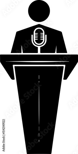 Black Silhouette of Person Speaking at Podium with Microphone Icon Simple Graphic Design