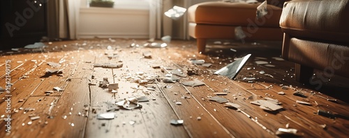 Scattered Debris on Wooden Living Room Floor – Natural Light Highlighting Broken Pieces and Emotional Contrast of Chaos and Beauty