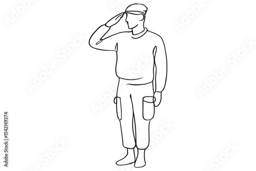 line art of soldier saluting with beanie and uniform, minimalist vector drawing, military salute illustration