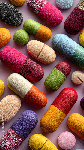 Colorful assortment of pills and capsules highlighting the variety available in the pharmaceutical world, showcasing health, wellness, and medicinal choices for consumers today.