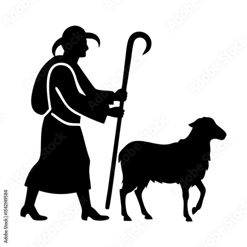 Shepherd Silhouette – Vector Stock Illustration of Herdsman Figure on White Background

