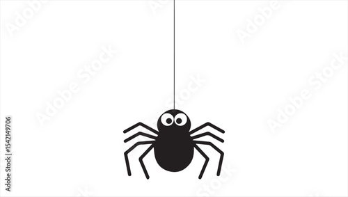 Cute black spider hangs on a spider web isolated on white background. Vector illustration
