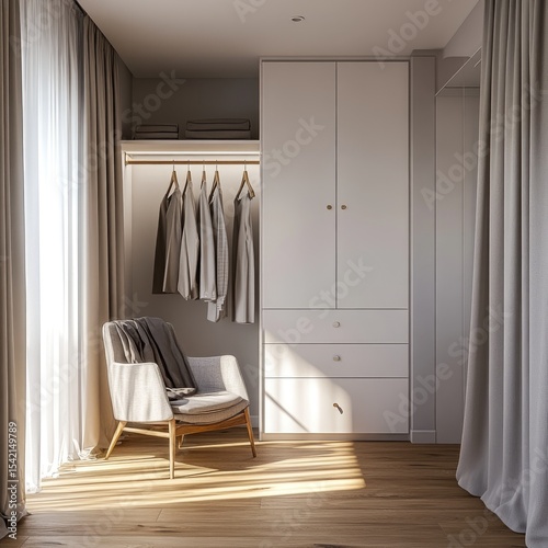 Modern walk-in closet with chair. Sunlight streams in