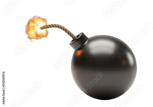 Classic round bomb with lit fuse – explosive element isolated on transparent background. 