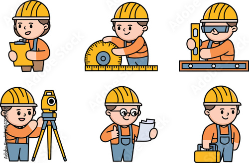 Cartoon Construction Workers Vector Set – Engineers, Builders, Surveyors in Safety Gear