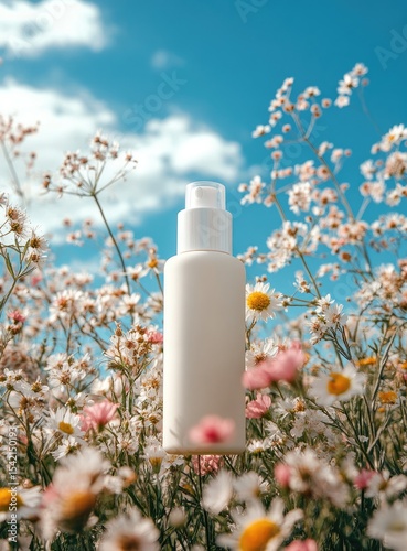 Cream bottle amidst wildflowers under a vibrant blue sky
