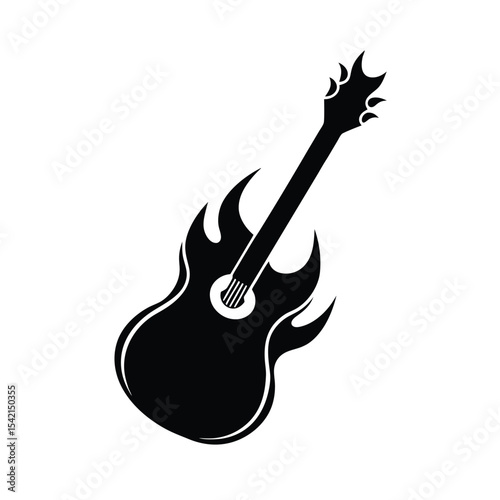 Fiery guitar silhouette flames surrounding a burning electric guitar in vector format