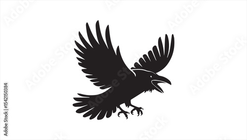 A simple, minimalist digital illustration of a raven in mid-flight, wings spread wide.The bird is black and white