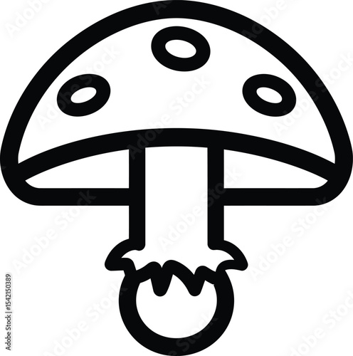 Simple Black and White Outline Illustration of a Toadstool Mushroom with Spots and Ring