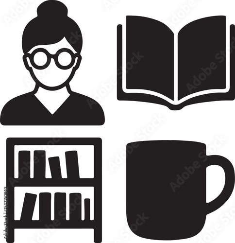 Educator, Books, Coffee Mug, Bun Hairstyle – Silhouettes for Academic Branding, Bookstore Packaging, Intellectual Decor Campaigns, and Study Lifestyle Marketing