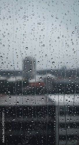 Raindrops cling to a window pane, blurring the cityscape beyond in a symphony of gray and wetness.