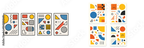 Colorful geometric art pieces displayed together on a wall in a bright modern gallery setting