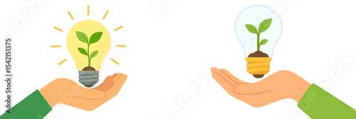 Light bulbs symbolize innovative ideas and sustainable growth with green plants in hands
