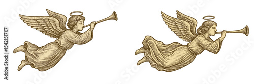 Angels playing trumpets in flight during a celestial event