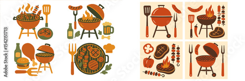 Grilling activities with various barbecue elements and food items displayed at a summer cookout gathering