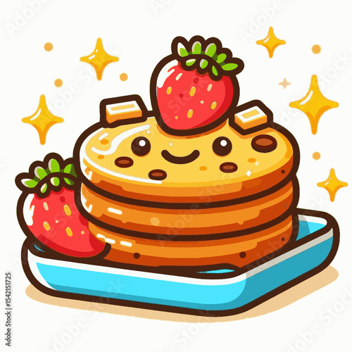 Cartoonstyle stack of pancakes with strawberries on a blue plate surrounded by gold stars