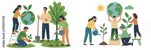 Community members engage in tree planting and eco-friendly activities on a sunny day in the park