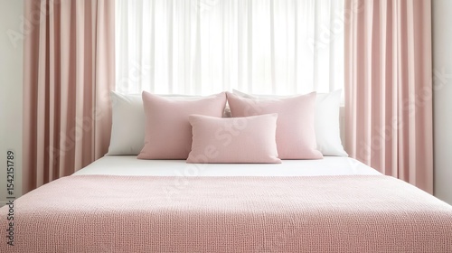 Boucle bed in a feminine interior with blush tones and soft curtains