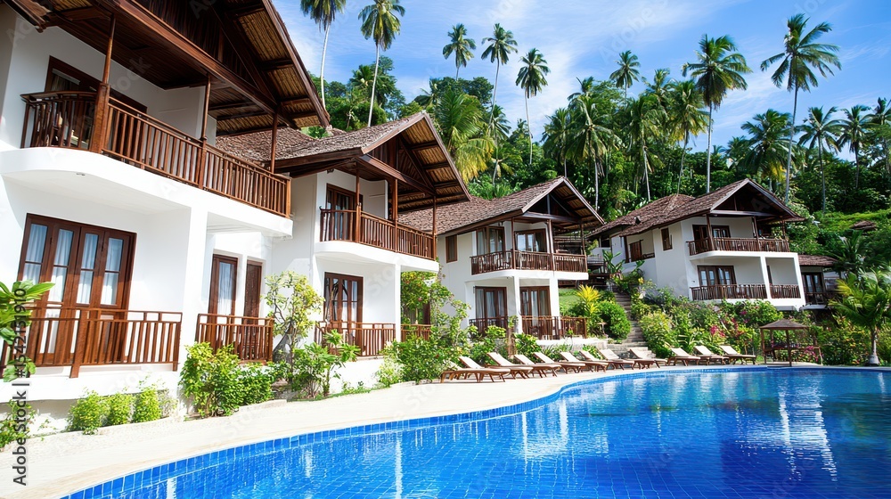 Fototapeta premium Tranquil Tropical Resort : Showcasing a stunning tropical resort with luxurious villas nestled amidst lush greenery, a sparkling pool, and swaying palm trees, offering an inviting escape to paradise.