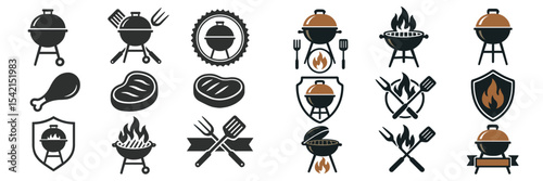 Various barbecue icons featuring grills, meats, and utensils for outdoor cooking enthusiasts